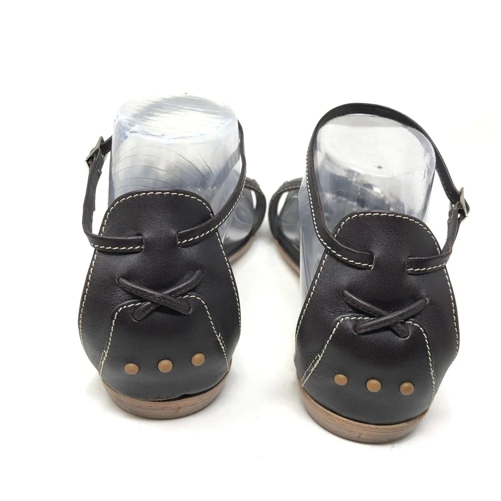 Tods Womens 38 Sandals Black Leather Ankle Strap Silver T-Bar Hardware Flat